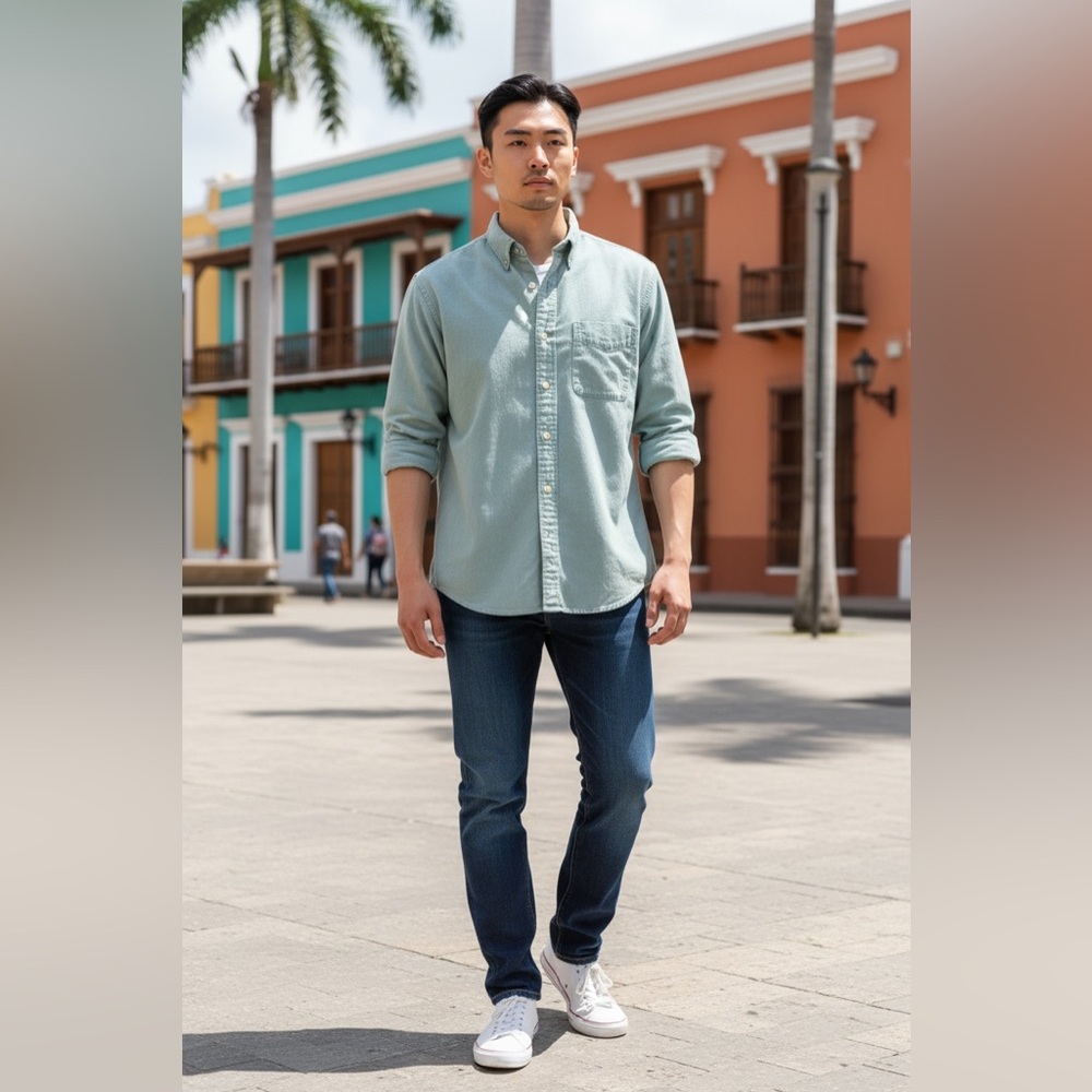 Lands End Men's Button-Up denim Shirt - Light Sage Green L
